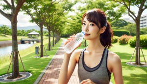 DALL·E-2024-07-06-15.04.28-A-Japanese-woman-in-her-20s-drinking-water-after-a-run-in-the-park